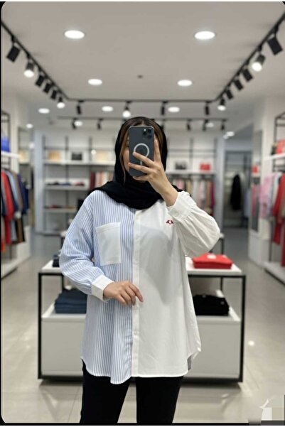 Azram Fashion Дамска раирана риза с детайли за хиджаб