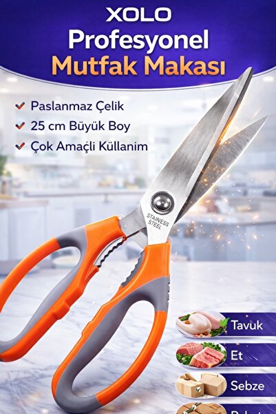 xolo Çok Amaçlı Mutfak Makası 25 cm Turuncu Paslanmaz Çelik Tavuk Et Sebze Ke...