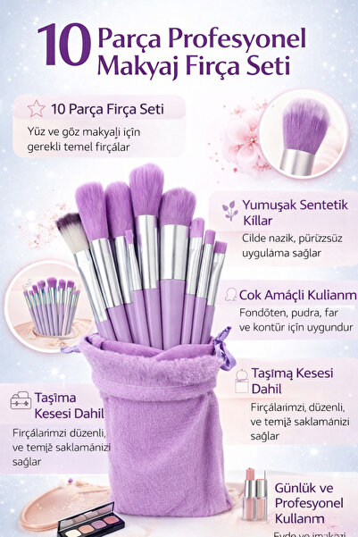 Pastelya Set četkica za šminku u ljubičastoj boji - set od 10 četkica