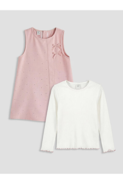 LC Waikiki LCW Παιδικό ροζ φόρεμα και μπλουζάκι με λαιμόκοψη ποδηλάτου για κο...