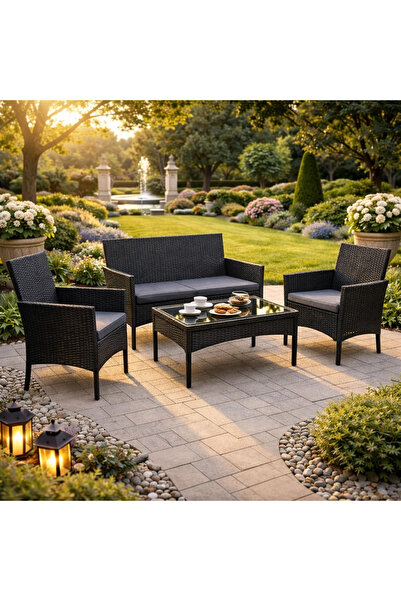 Selgot Set masă de grădină, 1 masă, 1 canapea, 2 fotolii, culoare neagră, per...