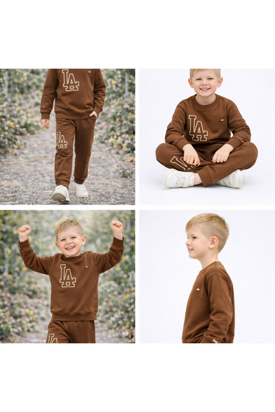 kahkaha kids Σετ αθλητικής φόρμας για αγόρια με στάμπα LA – Καφέ Σετ Φούτερ κ...