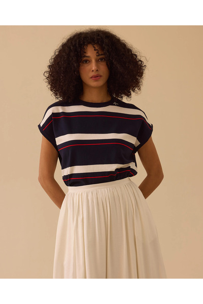SEÇİL Çizgili Bel Boy Kısa Kollu Triko Bluz