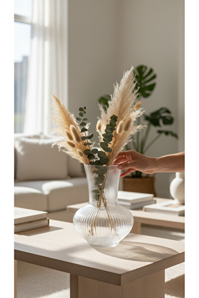 DükkanDa Decorative Glass Vase 20X15 cm – Modern Striped Transparent Vase – L...