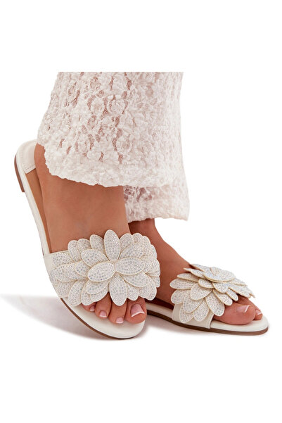 BOTO Women's Flat White Decorated Slides Grelora 36