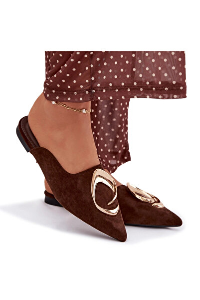 BOTO Papuci de damă cu detalii decorative aurii, culoare ciocolată Galvella, ...