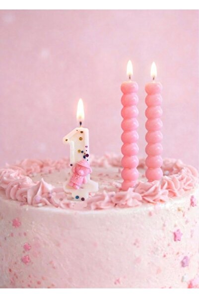 Mis Mum Studio 1 Yaş Pasta Mumu Seti Ayıcıklı Rakam Mum ve Pembe Bubble Mum D...