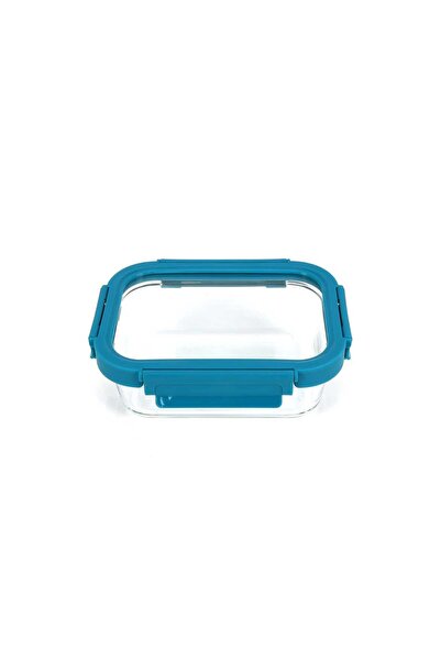 Chefline Rectangle Food Storage Glass Container With Lid, Teal Blue, 370 ml