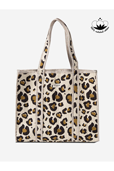 Strippe Leopar Desenli Pamuklu Kumaş Bej Günlük Omuz Çantası - Tote Bag
