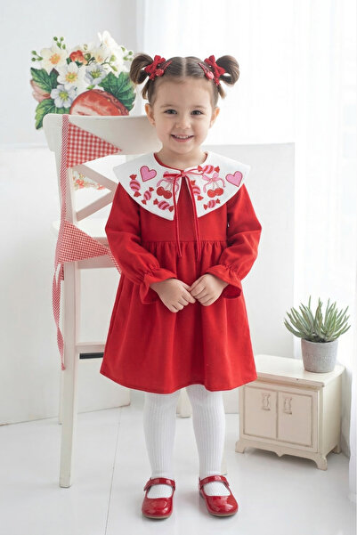 chipiques Bonbon Candy Embroidered Red Flannel Dress with Detachable Collar