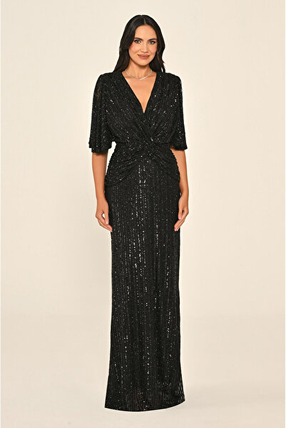 ALFABETA V Yaka Önü Düğüm Detaylı Payet Uzun Elbise Alfa Beta