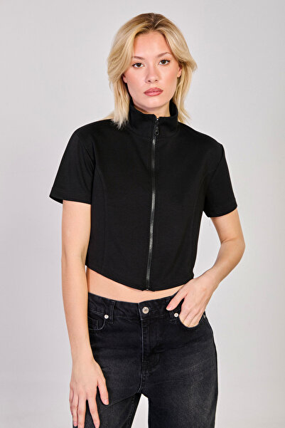 BARRELS AND OIL Bluză de damă cu mânecă scurtă și fermoar - Negru