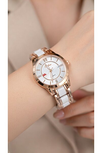 ahsenaksesuar2025 Rose Gold Beyaz Seramik Bilezik Zirkon Taşlı Quartz Tarih G...