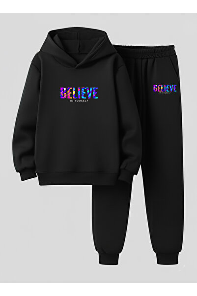 VODEXA Boy's Hooded Set Believe in Printed 3 İplik Ş Brushed Inside Sweatshir...