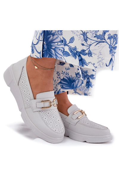 Vinceza Women's Leather Loafers with Golden Detail Jasnoszare 88007 36