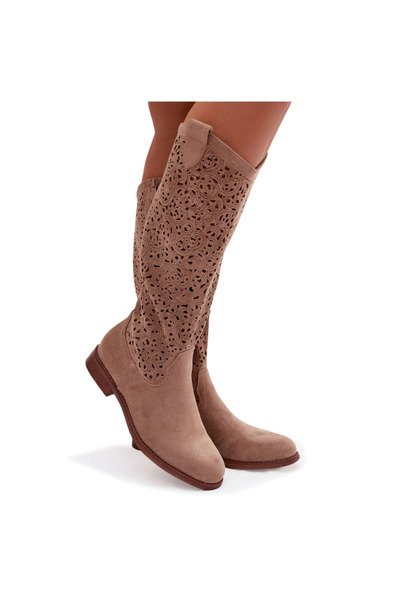 S.BARSKI Women's Openwork Flat Heel Boots HY61-8023 Beige 38