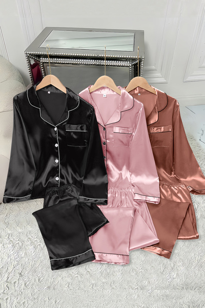 Sweet Dream Light Satin Pajama Set for Women 3 Sets Lounge Sleepwear Long Sle...