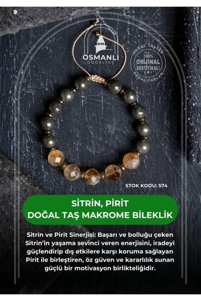 OSMANLI DOĞAL TAŞ Certified Citrine, Pyrite Natural Stone Macramé Bracelet (S...