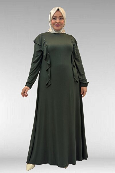 Eslina 62003 Büyük Beden Omuzdan Aşağı Fırfır Detaylı Penye Elbise - Haki