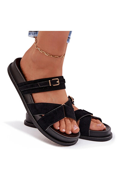 BOTO Sandale negre cu cu curele și cataramă aurie pentru femei Selorina 37