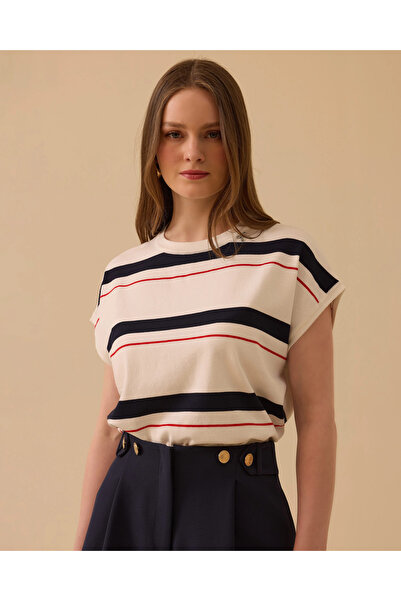 SEÇİL Çizgili Bel Boy Kısa Kollu Triko Bluz