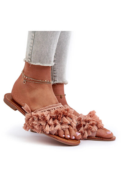 BOTO Papuci de damă cu ciucuri și talpă plată, roz murdar, Rialle 37