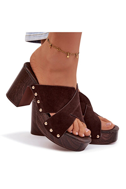 BOTO Sandale toc bloc și catarame aurii, culoare ciocolată, Nerelle 38