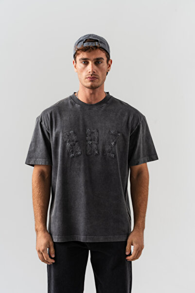 Erkek "BRZ" Aplike Nakışlı Yıkamalı Oversize Kalıp Bisiklet Yaka T-shirt