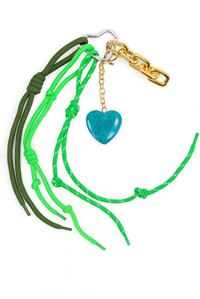 E MODA Breloc modern cu snur în tonuri verzi și farmec de inimă turcoaz