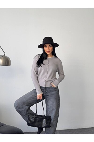 solena sln Lace Gray Detailed Crew Neck Long Sleeve Premium Gray Knitwear Car...