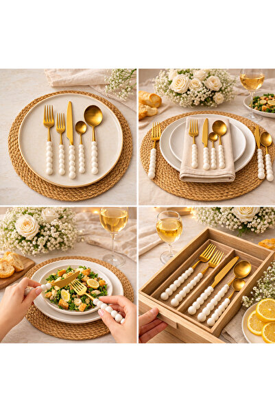 ARVALE 30 Piece Gold Pearl Detailed Cutlery Set for 6 People