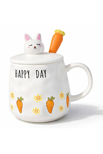 Coverzone Cute Happyday Carrot Lid Ceramic Mug 300ml Coffee Cup with Spoon De...
