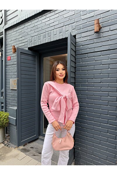 TOFİX textile Women's Pink Bow Knitwear Sweater Stylish Casual Long Sleeve Bl...