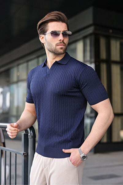 Madmext Navy Blue Slim Fit Polo Collar Knitwear Men's T-Shirt E7472