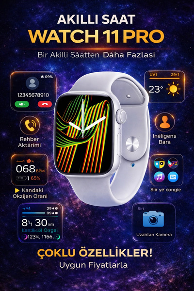 Merwish Watch 11 Pro Akıllı Saat Büyük Ekran Bluetooth Arama Sağlık Takibi Na...