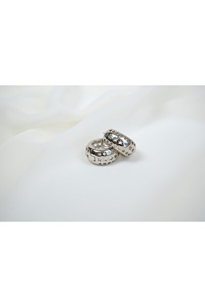 ATELİER TUĞBA Kp278 Star Patterned Silver Minimal Hoop Earrings (Thickness 10...