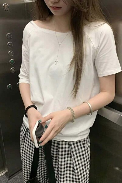 Köstebek Alb basic Cu umerii goi Y2K Mânecă scurtă tricou