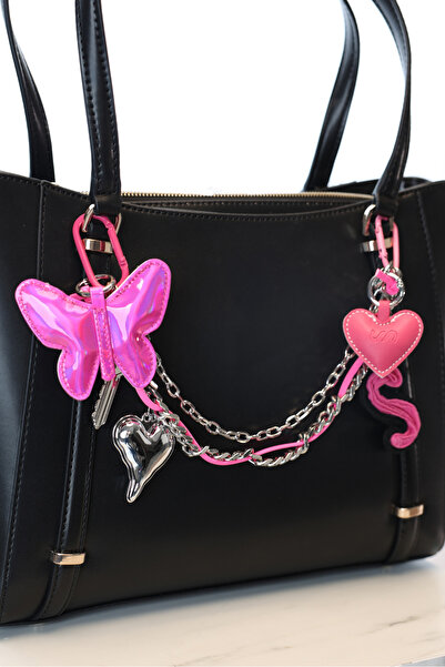 E MODA Accesoriu Inimă și Fluture cu Lanț geantă – Detaliu roz și argintiu