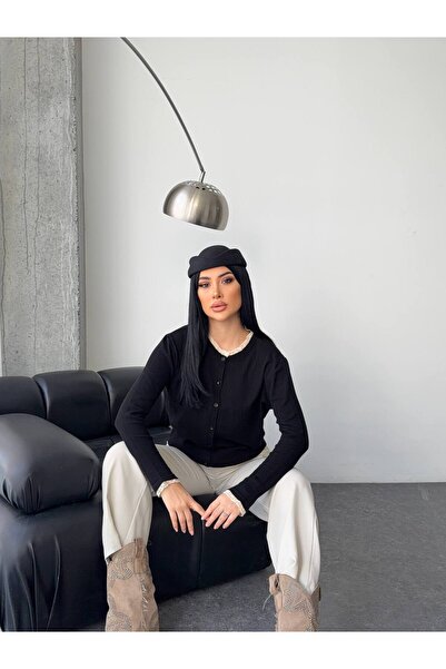 solena sln Lace Black Detailed Crew Neck Long Sleeve Premium Black Knitwear C...