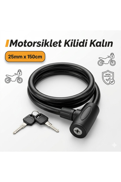Şantiyeciniz Boss Motosiklet Kilidi 25mm x 150cm – Kalın Çelik Halatlı Güvenl...