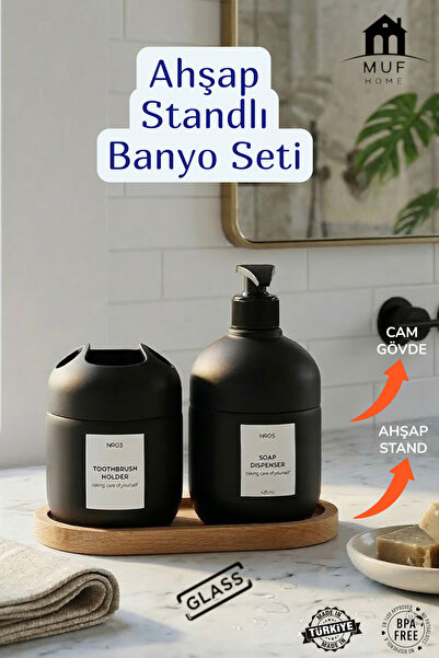 MUF HOME QLUX İDEAS Ahşap Standlı Mat Siyah Banyo Seti - Kolay Doldurulabilir...