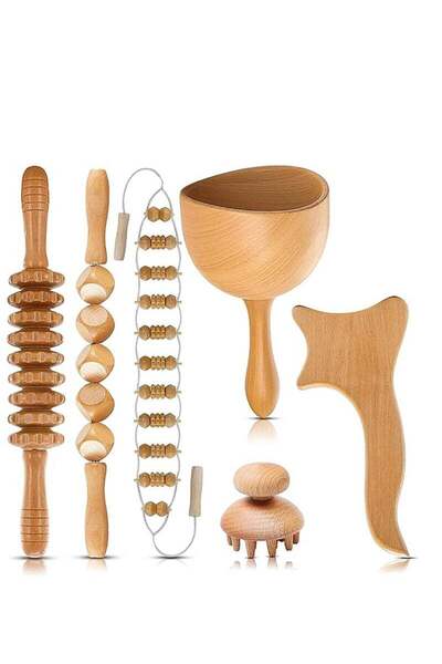 Arabest مجموعة أدوات تدليك العلاج بالخشب مكونة من 6 قطع، تتضمن أسطوانة تدليك ...