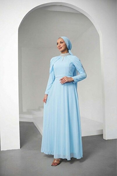 hakimoda Canfes Chiffon Evening Dress Sky Blue