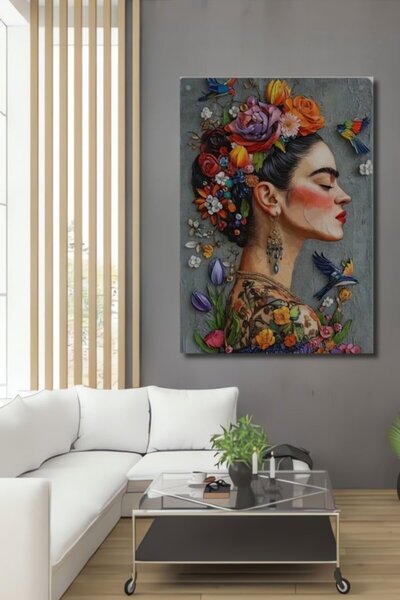 Teona Ahşap Frida Kahlo Yağlı Boya Görünümlü Ahşap Dekoratif Tablo Salon,Yata...