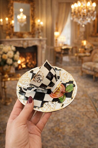 BY.RAYKA PORSELEN El Dekor Black Dama Single Person Gold Embellished Porcelain Coffee Cup