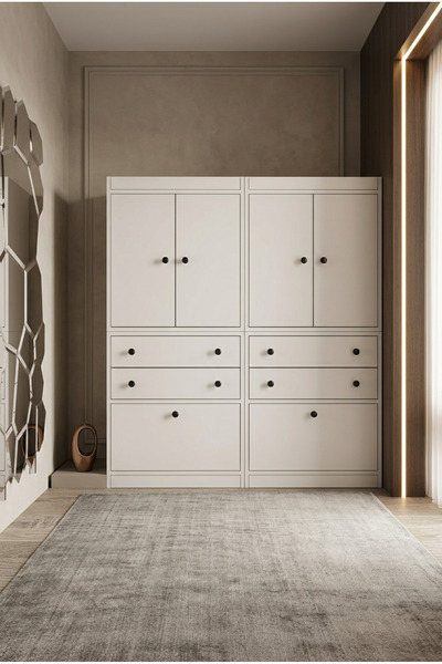 FOR WOMAN DESİGN Ahşap Çok Amaçlı Dolap 6 Kapak 4 Çekmeceli Geniş İç Hacimli ...