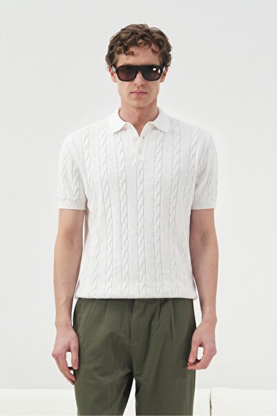 GIESTO Textured Knitted Patterned White Polo Collar Tricot T-Shirt