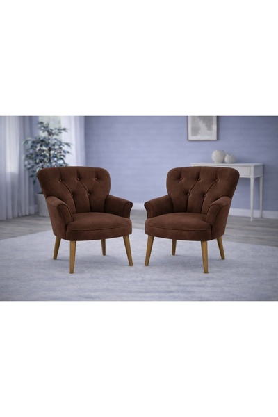 Vivense Pufy Kollu Tekli Berjer, Kahverengi, Ceviz Ayak, 2 Adet