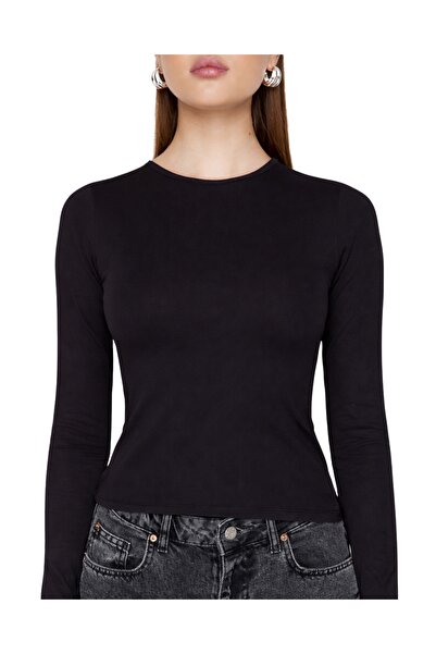 MODASPARK Black Crew Neck Basic Ultra Soft Women's Long Sleeve Body