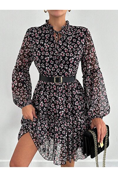 mass fashion Kadın Şifon Çiçek Desenli Elbise
